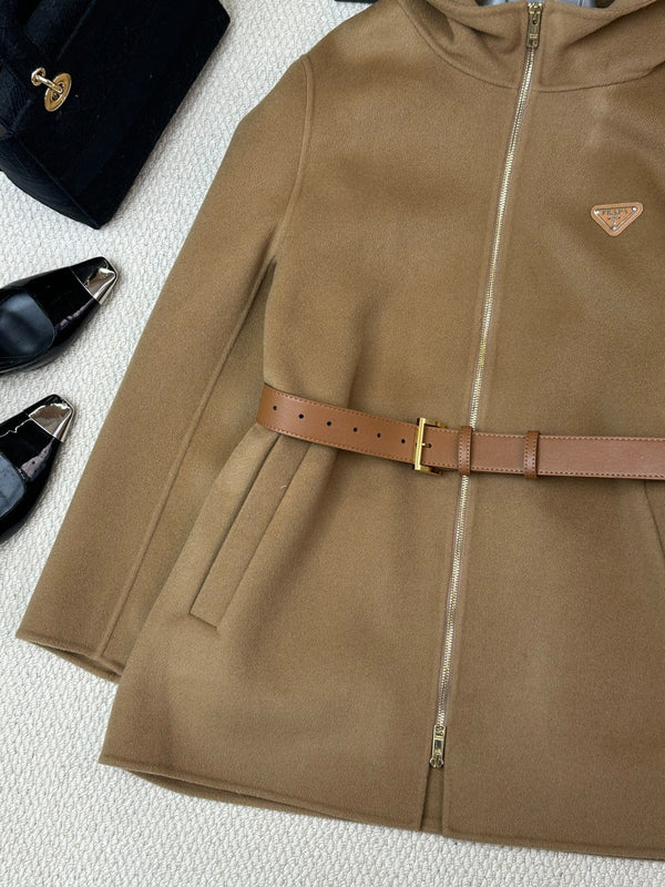 Prada 25 Mid-length Hooded Coat Camel Brown Wool 637354