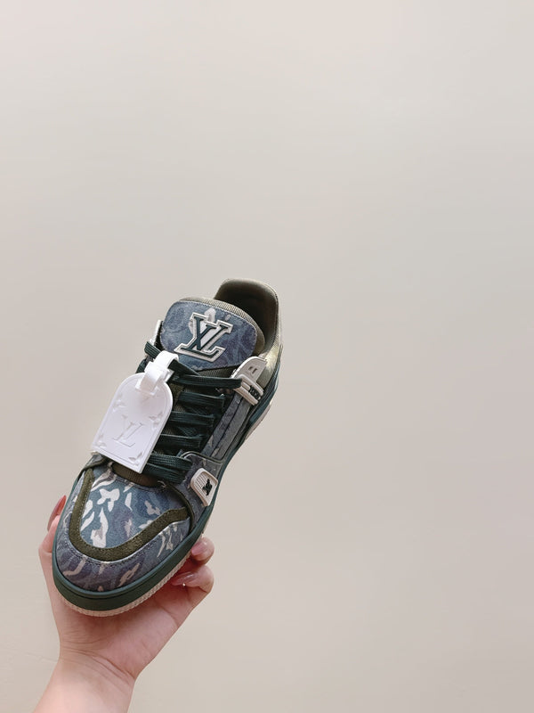 LV Trainer Sneakers Dark Oliver Monogram Denim 515188.