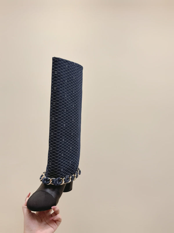 CC 25 Long Boot Navy Blue Black Denim Fabric Calfskin 515273