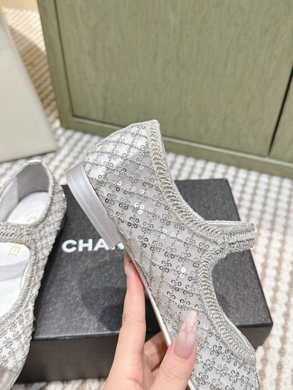 CC 25s AW Ballerine à Paillettes Argentées Tressées 612350