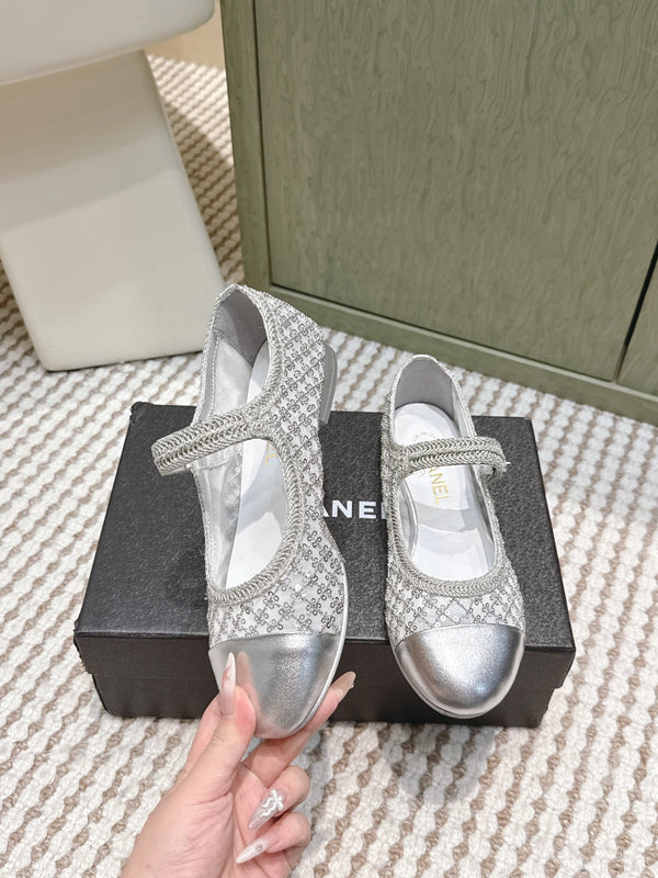 CC 25s AW Ballerine à Paillettes Argentées Tressées 612350