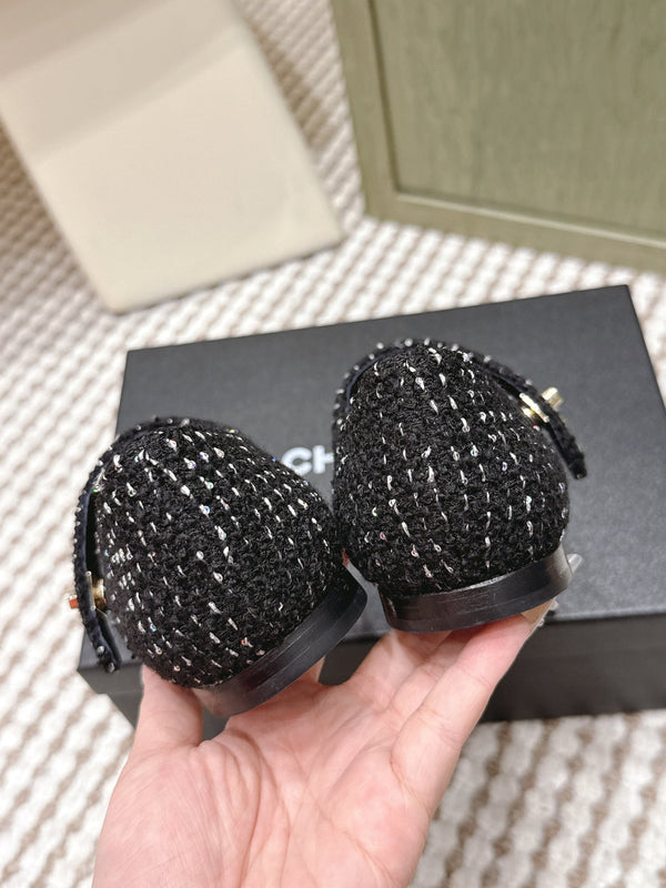 CC 25s Mary Jane Flat In Black Tweed With Cap Toe Gold Hardware