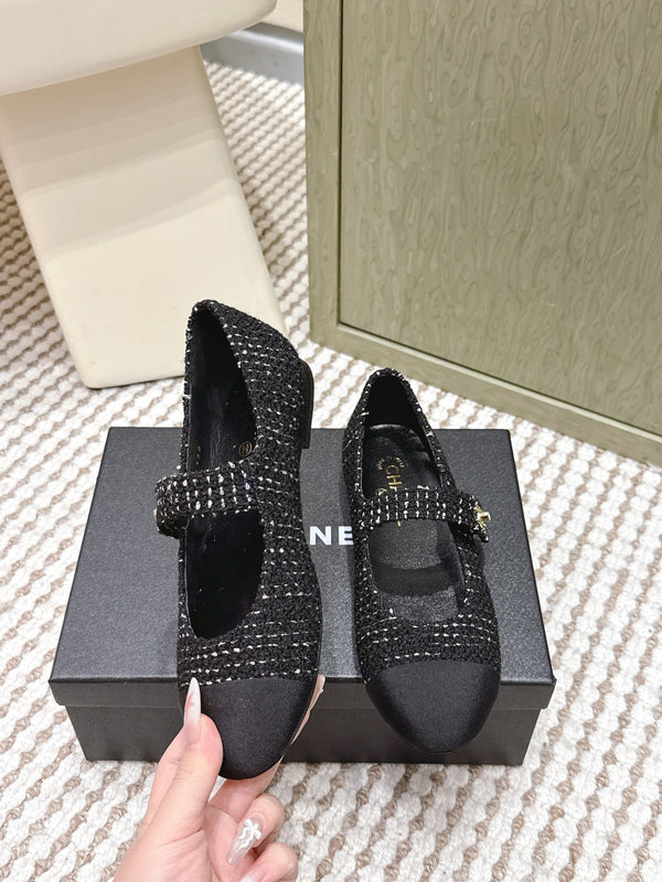 CC 25s Mary Jane Flat In Black Tweed With Cap Toe Gold Hardware