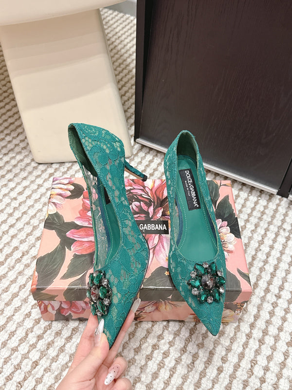 DG Pumps Crystals 6.5cm Teal Green Taormina Lace 663078