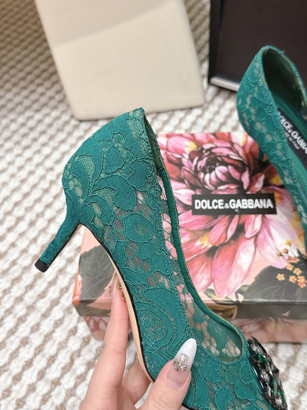 DG Pumps Crystals 6.5cm Teal Green Taormina Lace 663078