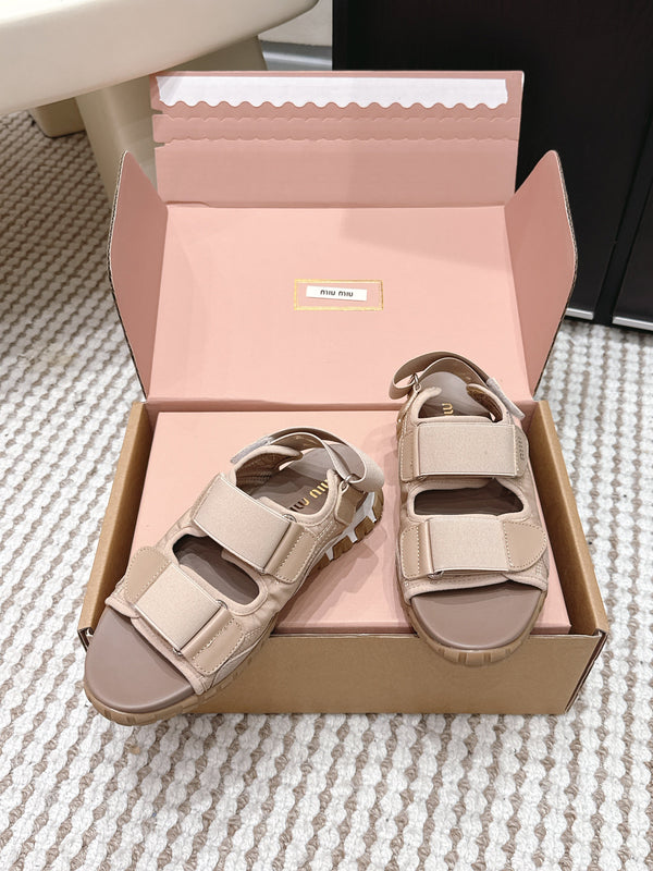Miu Miu Sandales Velcro Nylon Daim Marron Clair 26 632331