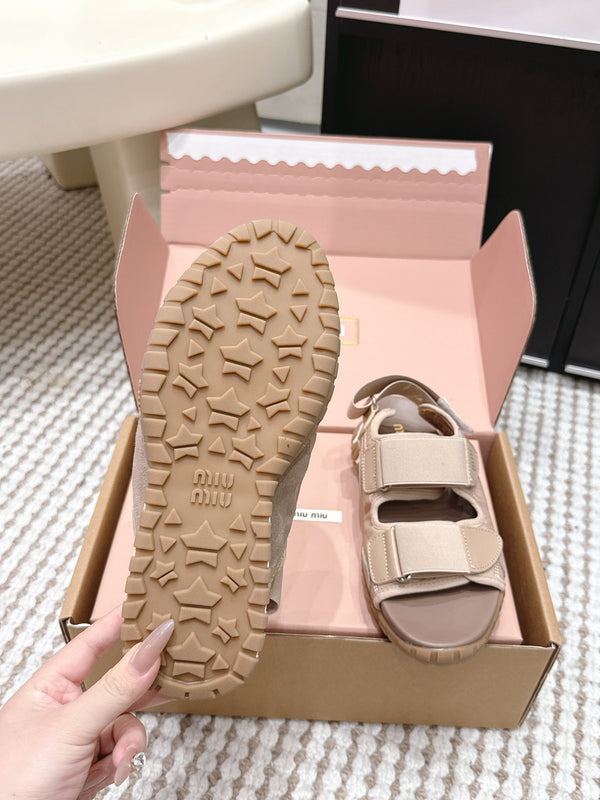 Miu Miu Sandales Velcro Nylon Daim Marron Clair 26 632331