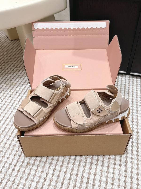Miu Miu Sandales Velcro Nylon Daim Marron Clair 26 632331