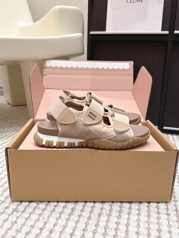 Miu Miu Sandales Velcro Nylon Daim Marron Clair 26 632331