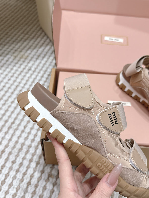 Miu Miu Sandales Velcro Nylon Daim Marron Clair 26 632331