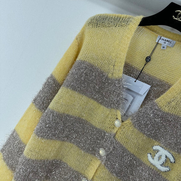 CC 26C Gilet Tricot Manches Longues Rayures Jaunes Grises Laine Acrylique Nylon 349044
