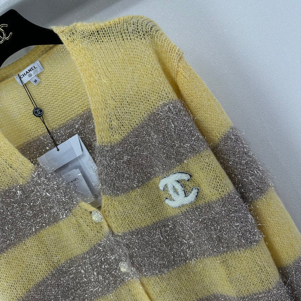 CC 26C Gilet Tricot Manches Longues Rayures Jaunes Grises Laine Acrylique Nylon 349044