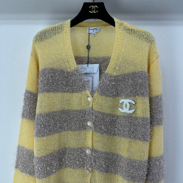 CC 26C Gilet Tricot Manches Longues Rayures Jaunes Grises Laine Acrylique Nylon 349044