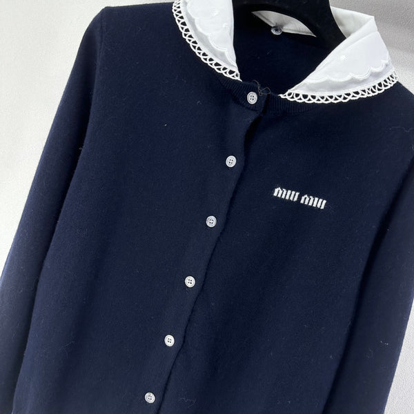 Miumiu 2026 Knit Long-Sleeve Cardigan Navy Blue Wool 349067