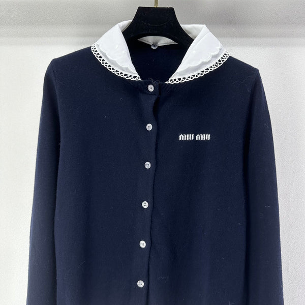 Miumiu 2026 Knit Long-Sleeve Cardigan Navy Blue Wool 349067