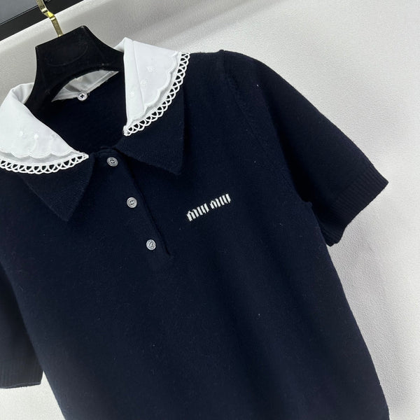 T-shirt à manches courtes Miumiu 2026 Cachemire Bleu foncé 349058
