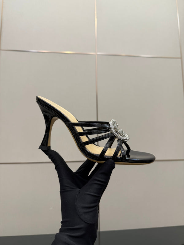 Women's Slide 85mm With Crystal Interlocking G Black Patent Leather