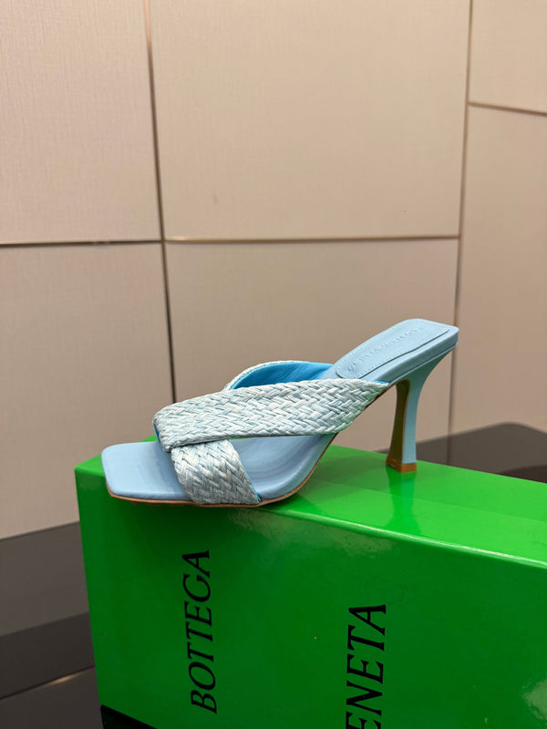 BV 26s Heeled Sandals 9.5cm Light Blue Calfskin Raffia