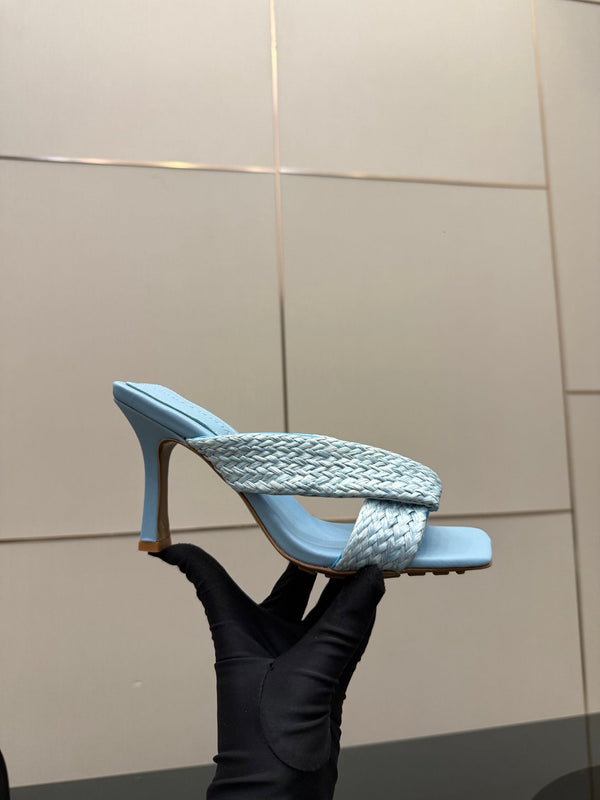 BV 26s Heeled Sandals 9.5cm Light Blue Calfskin Raffia