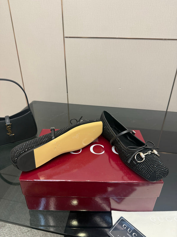 GG Ballerina Flats Square Toe Black Leather 725284