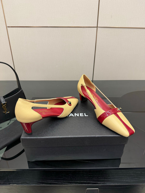 CC 26P Slingback 5cm Beige Red Lambskin Patent Leather 791604