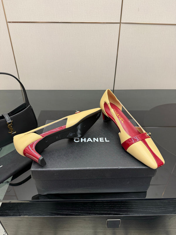CC 26P Slingback 5cm Beige Red Lambskin Patent Leather 791604