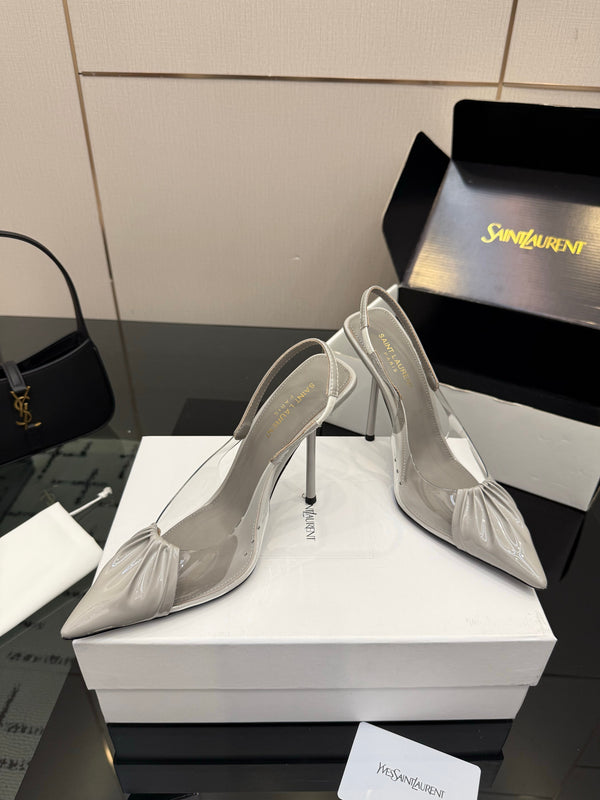 YSL Chica Slingback 10.5cm Grey Leather 828242