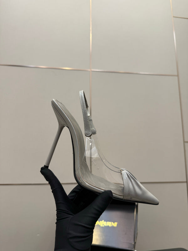 YSL Chica Slingback 10.5cm Grey Leather 828242