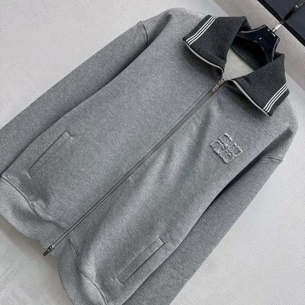 Miu Miu Fleece Jacket Zippered Grey Cotton 341877