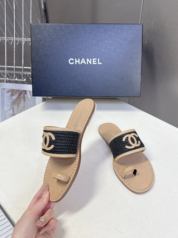 CC Été 2026 Mules Beige Noir Rafia Peau d'agneau 635522