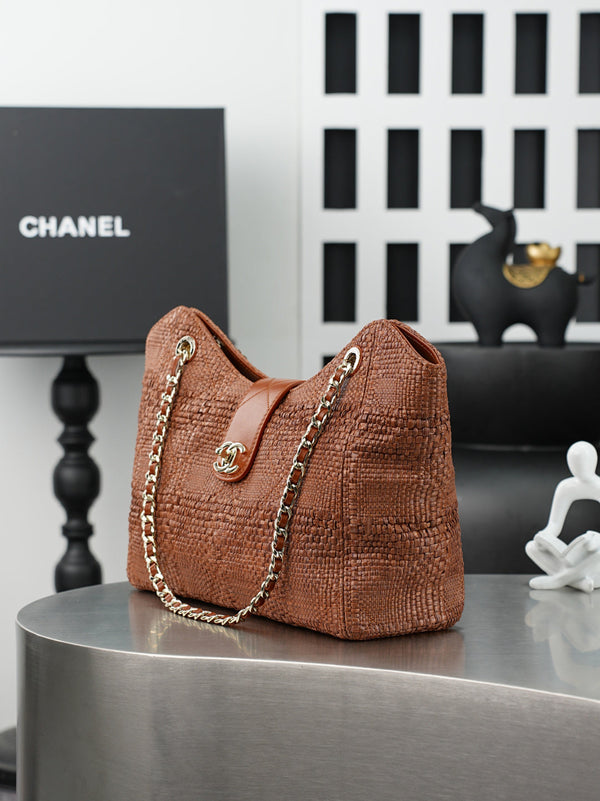CC Shopping Bag 32cm Chocolate Braided Raffia