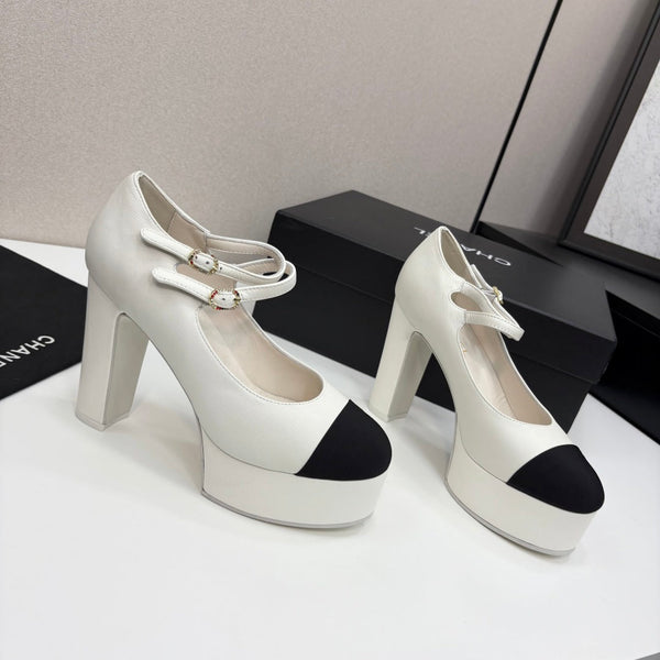 CC 25S Mary Jane Platform 11cm Pelle di vitello color crema Grosgrain