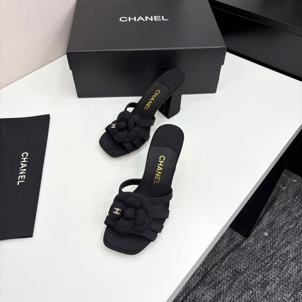 CC 25 Camellia Open Heel Mule Sandals 90mm Black Sheepskin And Fabric 368841