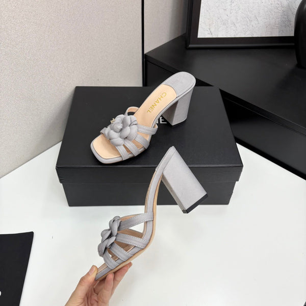 CC 25 Camellia Open Heel Mule Sandals 90mm Grey Beige Sheepskin And Fabric 368842