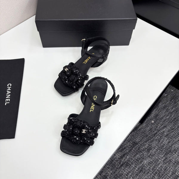 CC 25 Camellia Open Heel Sandals 50mm Black Coarse Glitter Fabric And Sheepskin 368815