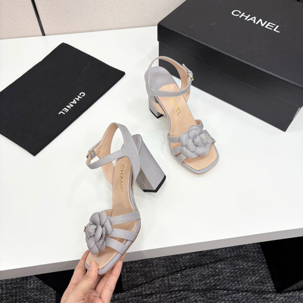 CC 25 Camellia Open Heel Sandals 90mm Grey Beige Sheepskin And Fabric 368817
