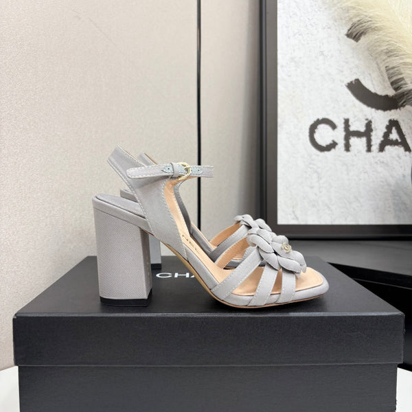 CC 25 Camellia Open Heel Sandals 90mm Grey Beige Sheepskin And Fabric 368817