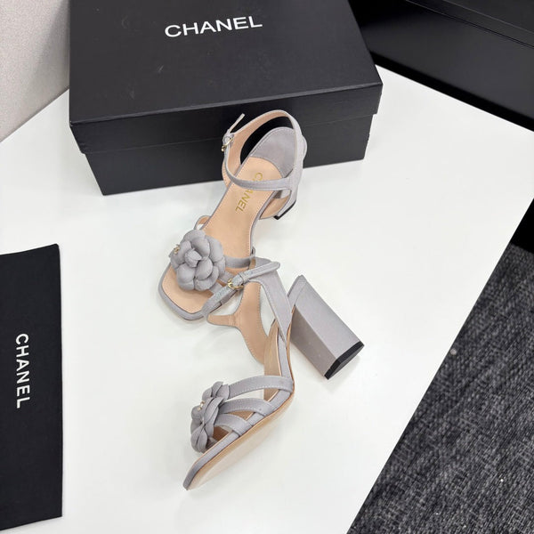 CC 25 Camellia Open Heel Sandals 90mm Grey Beige Sheepskin And Fabric 368817