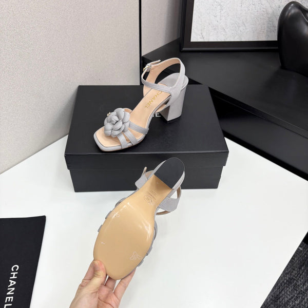 CC 25 Camellia Open Heel Sandals 90mm Grey Beige Sheepskin And Fabric 368817