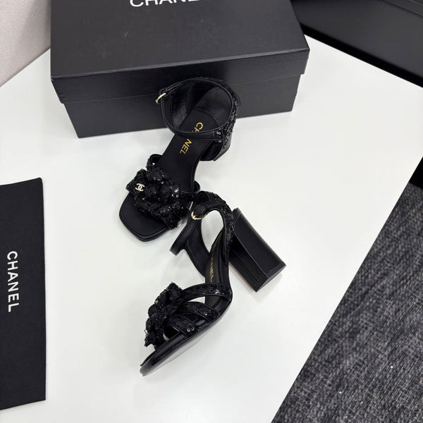 CC 25 Camellia Open Heel Sandals 90mm Black Coarse Glitter Fabric And Sheepskin 368818