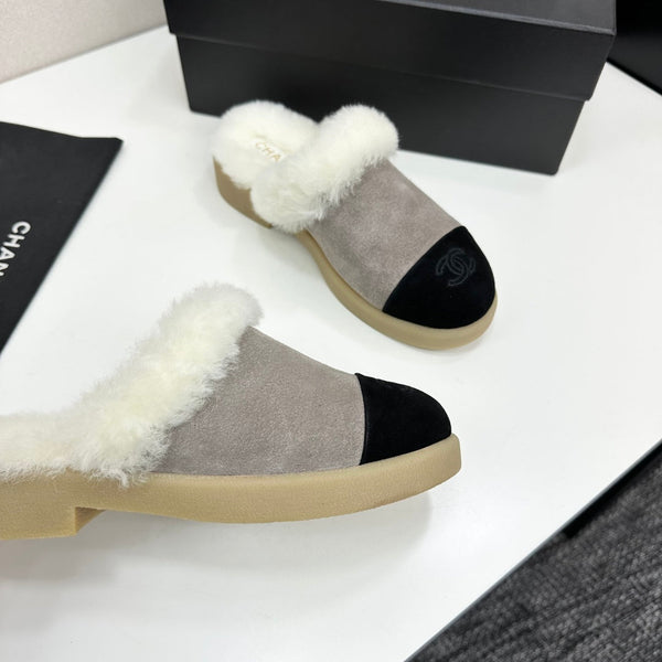 CC furry mule gray black suede and wool