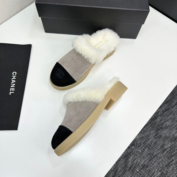 CC furry mule gray black suede and wool