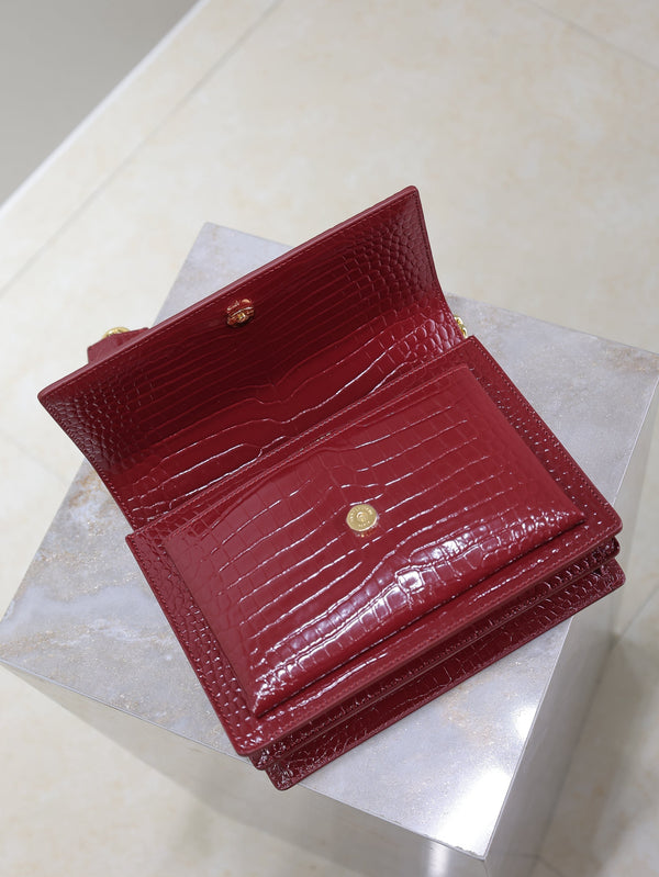 YSL Medium Sunset Shoulder Bag 22cm Burgundy Crocodile Pattern Leather
