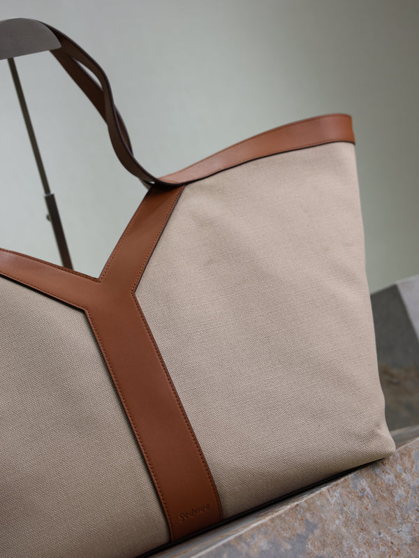 Y Tote Bag Beige Brown Canvas Leather