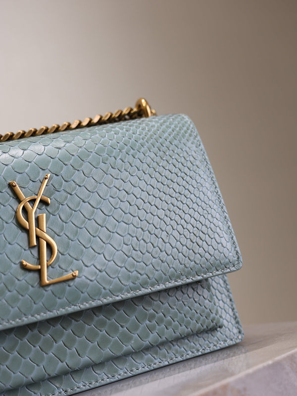 YSL Medium Sunset Shoulder Bag 22cm Grayish Blue Python Pattern Leather