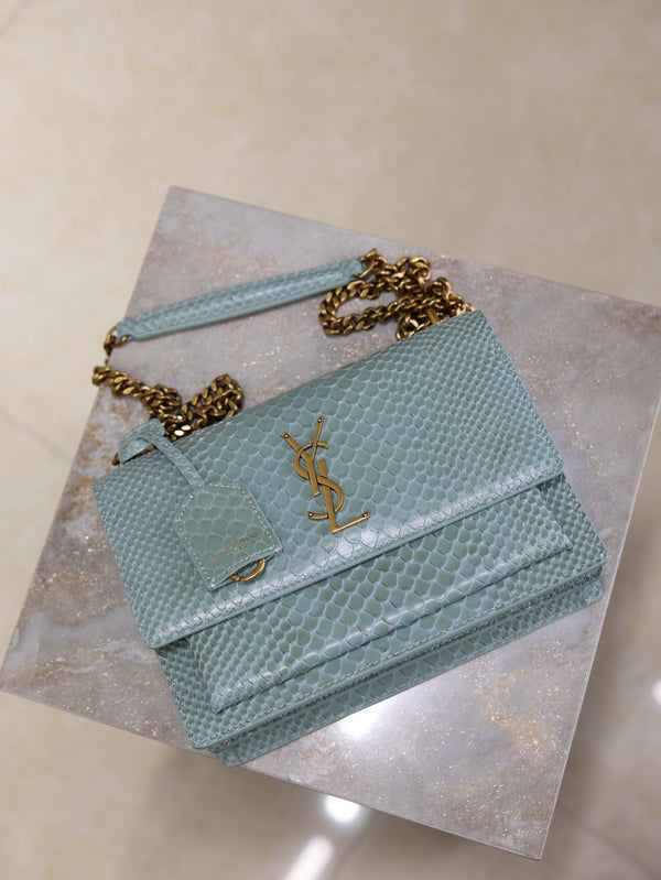 YSL Medium Sunset Shoulder Bag 22cm Grayish Blue Python Pattern Leather