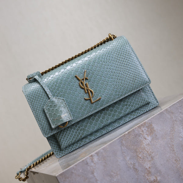 YSL Medium Sunset Shoulder Bag 22cm Grayish Blue Python Pattern Leather
