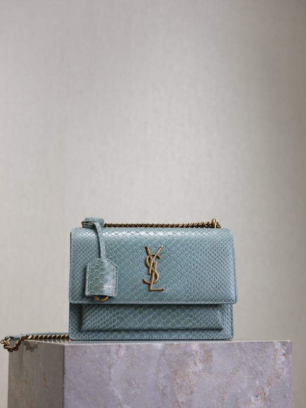 YSL Medium Sunset Shoulder Bag 22cm Grayish Blue Python Pattern Leather