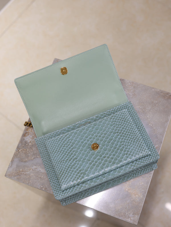 YSL Medium Sunset Shoulder Bag 22cm Grayish Blue Python Pattern Leather