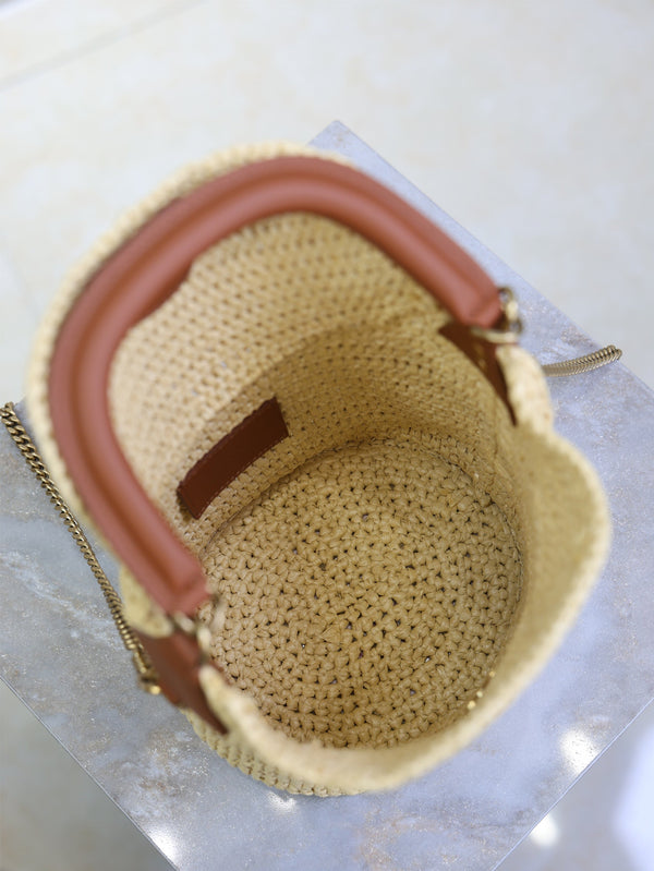 Gaby Bucket 17cm Brown Beige Raffia Leather GHW